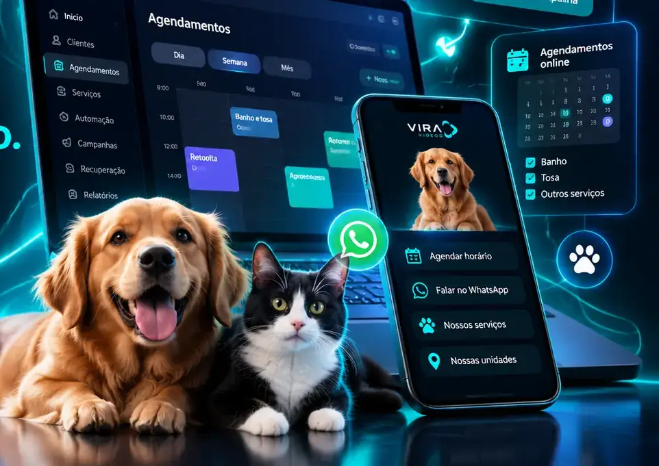 Arte ilustrativa do Vira Pet com cachorro, gato preto e branco e interfaces conceituais de gestão