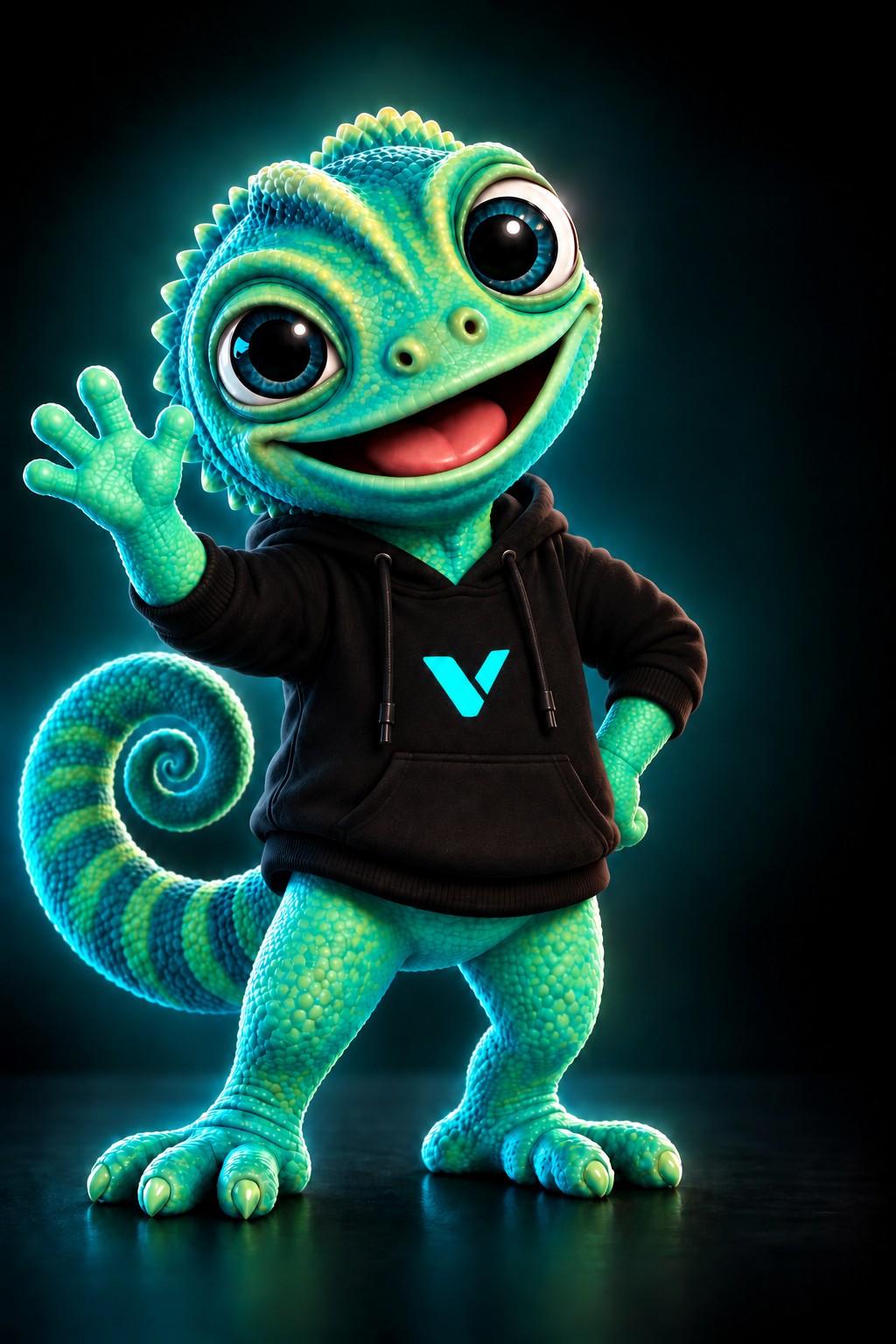 Pixel, o camaleão da VIRA, de moletom preto, acenando